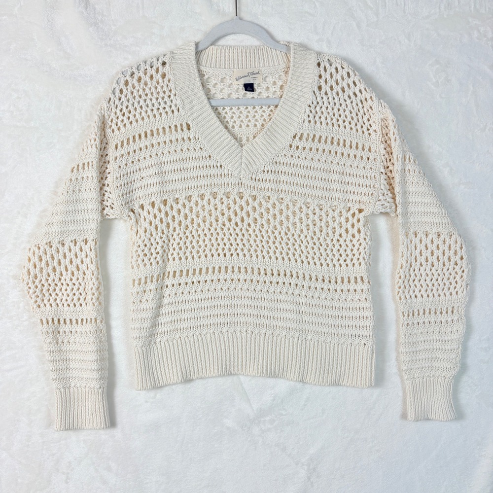 Universal Thread Cream Open Knit Crochet Pullover V-Neck‎ Sweater Womens Small
